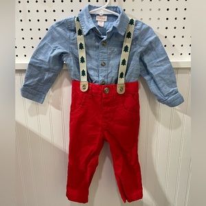 Holiday baby pants and long sleeve shirt set with tree suspenders